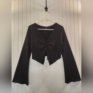 Forever 21 Women's Black Tie Front Ruched Bell Sleeves Cropped Top Size XL Y2K